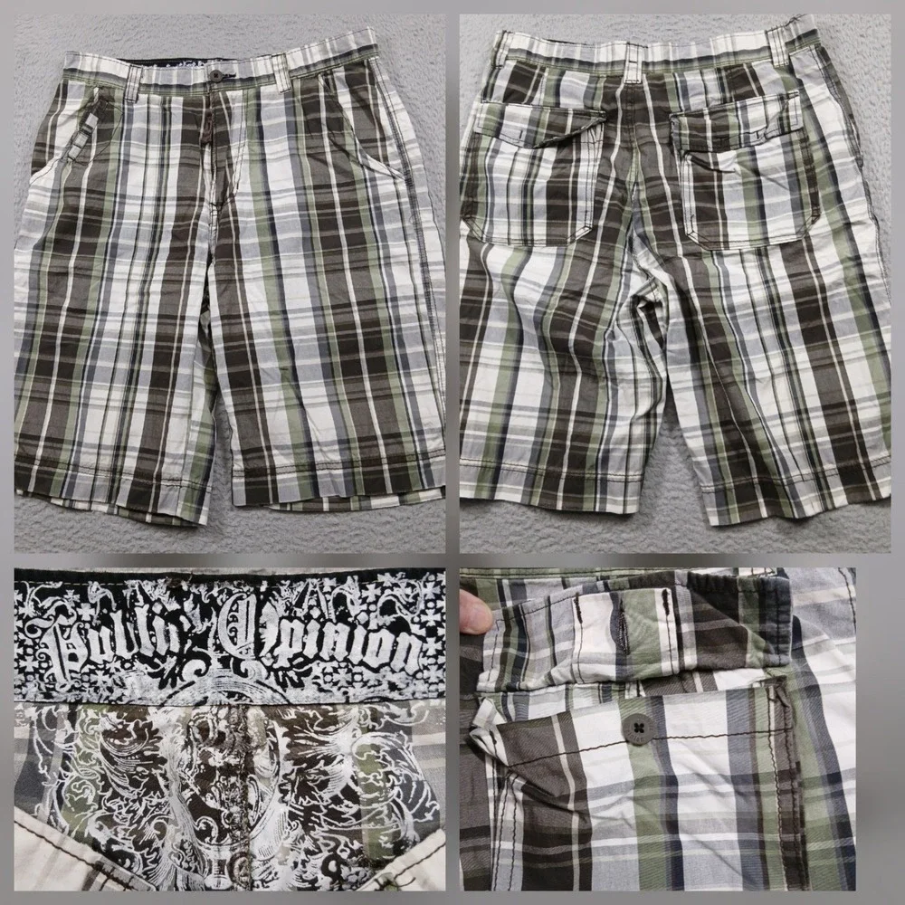 Public Opinion Plaid Cargo‎ Shorts Men's 34 Green Brown 100% Cotton EUC